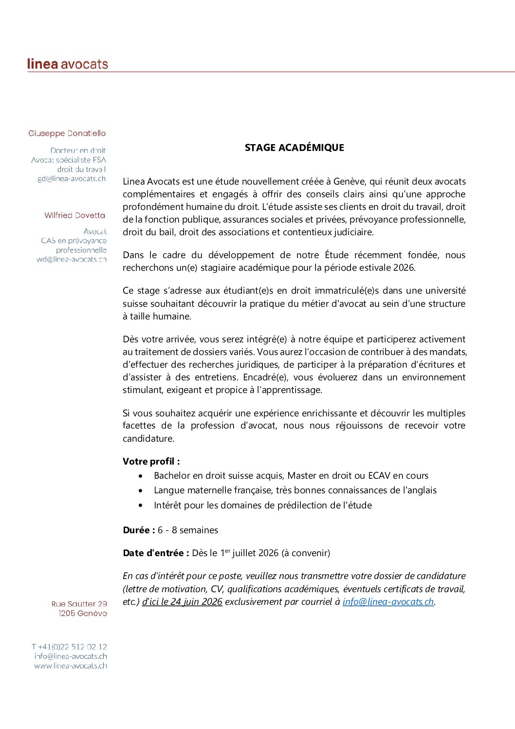 stage d'été 2026 pour un/e étudiant/e en droit chez linea avocats