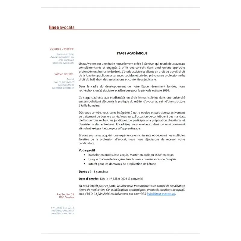 Stage d’été pour étudiant.e en droit